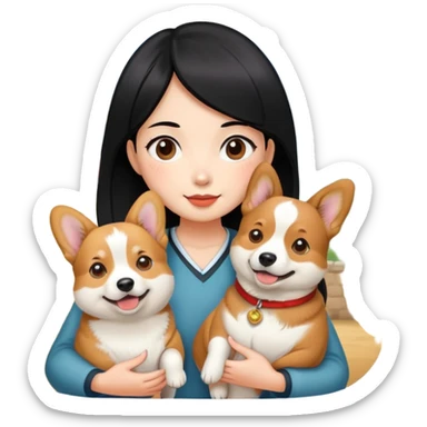 A black hair girl holding a corgi dog and a chinese rural dog sticker