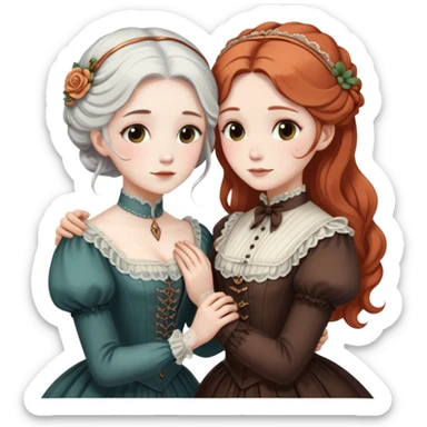 Two modest Victorian women hugging, one with white hair and one with copper hair, wearing Victorian era dresses sticker