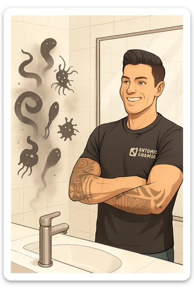 a man stands in a brightly lit bathroom, looking relieved and revitalized as he examines his reflection in the mirror. In the foreground, stylized, shadowy images of parasites (such as worms or protozoa) are shown leaving his body, dissolving into mist or fading away. His posture is upright and his expression is one of newfound energy and health. sticker