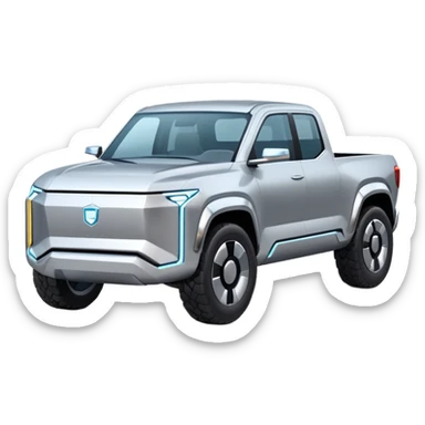A futuristic electric pickup truck emoji, silver chrome body, angular cyber design, smooth metallic panels, subtle reflections, minimalistic proportions, iOS emoji style, centered composition, clean white background, soft lighting sticker