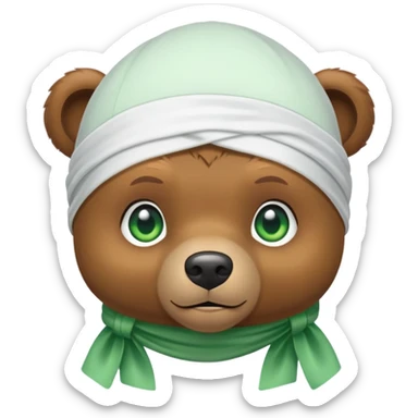 Adorable small brown bear face with green eyes wearing a white silk durag tied at the back, urban style, iOS emoji style sticker