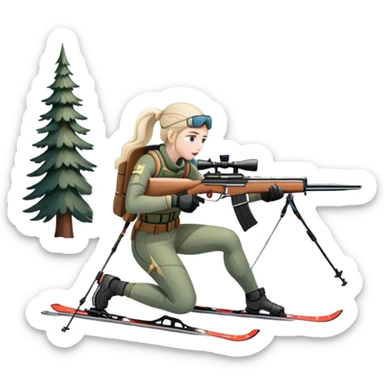 An icon showing a snowy landscape with pine trees, mountains, and a clear sky with a biathlete aiming a rifle in the foreground, wearing winter gear and skis. Transparent background emphasizes the precision, endurance, and beauty of this winter sport. sticker