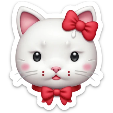 crying Hello Kitty from Sanrio, tears on cheeks, classic style, white cat with red bow, simple background sticker