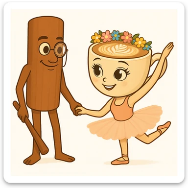 Add a flower crown to the coffee cup character and a monocle to the cinnamon stick character in the same quality and style as the original image. sticker