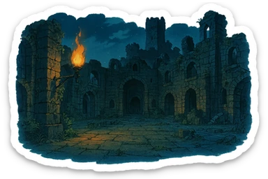 Midnight castle ruins torchlit courtyard sticker