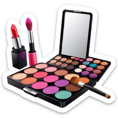 A photorealistic icon featuring makeup brushes, lipstick, eyeshadow palette, and a compact mirror with a completed makeup look. Bright, detailed design with realistic textures and lighting. Transparent background, clearly symbolizing makeup and beauty. sticker