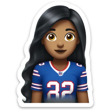 Girl with long black hair and freckles wearing buffalo bills jersey sticker