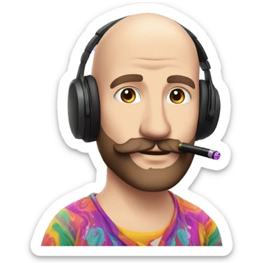 Bald white guy with short black beard and mustache wearing  gaming headphones and a psychedelic shirt with a unicorn on it and smoking a pipe sticker