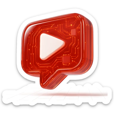red opacity 0.6 speech bubble with inside a big red YouTube white play button, very glossy circuit style sticker