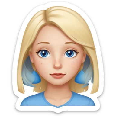 Una ragazza con ciglia lunghe occhi azzurri capelli biondi labbra sottili ma a cuore guance rosacee e lentiggini sul naso sticker