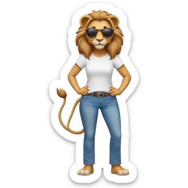 friendly anthropomorphised female lion character, full body, standing confidently with legs shoulder width apart and hands on hips, wearing jeans, a white t-shirt, and dark sunglasses, with a confident smile sticker