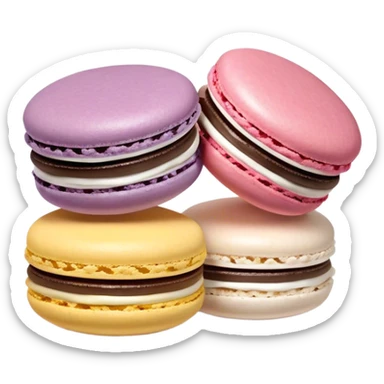 Cinematic Realistic Macaroon Dessert Emoji, showcasing colorful, delicate meringue-based cookies with a crisp exterior rendered with vibrant textures and playful, soft lighting. sticker