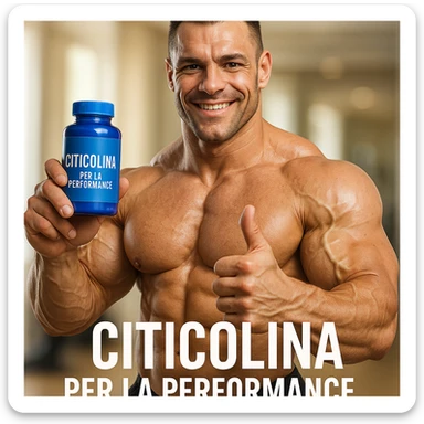 hyper realistic bodybuilder showing blue bottle of Citicolina with thumbs up, defined muscles, text 'Citicolina per la performance', bright environment, motivational atmosphere sticker