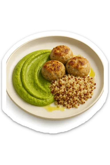 polpette di tacchino, purè di zucchine, quinoa e olio di oliva, iperrealistico 4k sticker