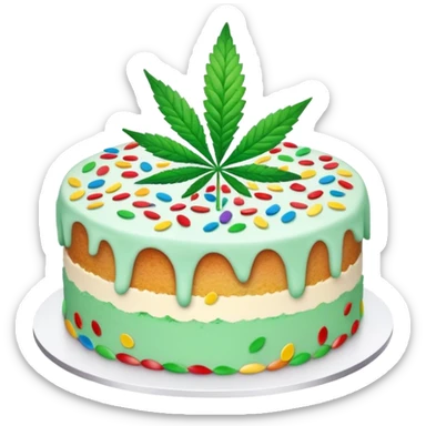 Colorful confetti cake with mint leaves and a cannabis leaf decoration on top sticker