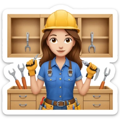 beautiful girl with long brown hair constructing new kitchen cabinets sticker