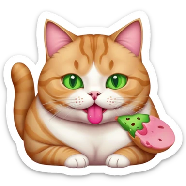Fat tabby cat with green eyes eating  sticker