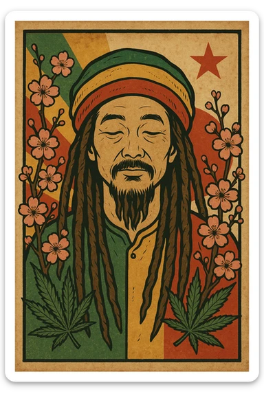 Vintage poster of an Asian Rasta with long dreadlocks, peaceful eyes, and a red-gold-green tam. Surrounded by cherry blossoms and ganja leaves. Background blends Rasta colors into an Asian flag (e.g., red sun from Japan or Chinese star). Retro reggae fusion vibe, with bold lines and aged paper texture.
 sticker