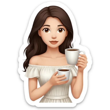 Beautiful woman in 1950’s woman fashion look, off-shoulder white dress, long dark brown hair, coffee sticker