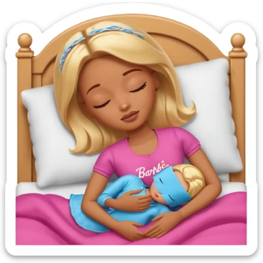 Brown skin blonde hair Barbie sleeping in bed with eyes closed sticker