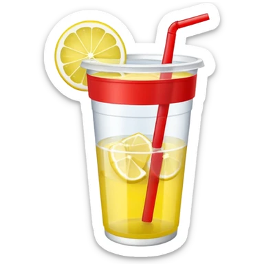 lemonade in a plastic cup without a lid and straw. the cup has a red label wrapped around sticker