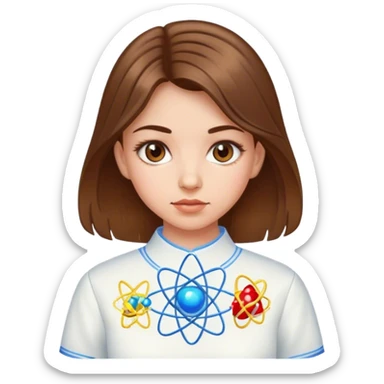 a Ukrainian girl with brown hair in an embroidered shirt and an atom sticker