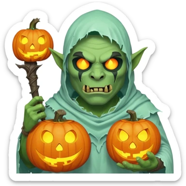 male orc warrior ghost emoji, green skin, tusks, wearing torn white ghost sheet costume, holding glowing jack-o'-lantern, faint blue aura, friendly but spooky expression, Halloween fantasy theme, Apple emoji style, clean white background, square sticker