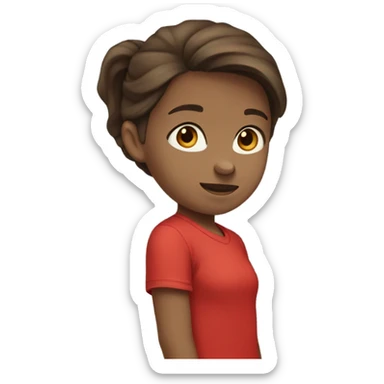 girl with brown hair and blue eyes, with medium length hair and red t shirt sticker