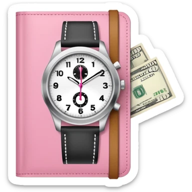 Libreta rosa, reloj blanco y un dolar sticker