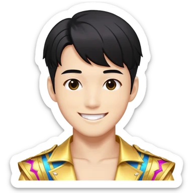K-pop male idol with black hair, smiling face, wearing flashy stage costume sticker