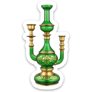 Brass hookah with green design on a glass water base on the top; with two pipes from the side all pouting on top sticker