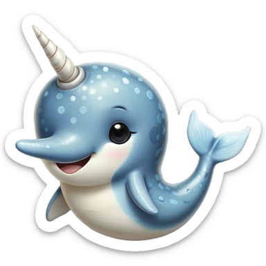 Cinematic Cute Narwhal Portrait Emoji, Head tilted playfully and inquisitively, showcasing a sleek, streamlined body with subtly iridescent, mottled gray skin and a prominently spiraled ivory tusk, complemented by round, sparkling eyes full of gentle wonder, Simplified yet irresistibly adorable features, highly detailed, glowing with a warm, friendly arctic glow, high shine, affectionate and lively, stylized with a touch of whimsical marine charm, soft glowing outline, capturing the essence of a mischievous yet loving narwhal that seems as if it could frolic out of the screen into your heart! sticker