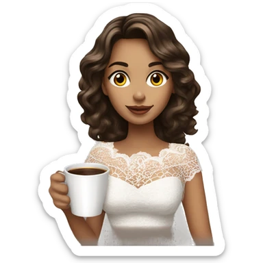 Beautiful brunette with highlights sipping coffee in a white lace top sticker