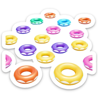 swimming pool surface with multiple inflatable pool floats floating on water, extra colorful float rings scattered across the pool, glossy water reflections, summer vibe, 3D cartoon style, mobile game icon style, clean composition, no people, no text, no watermark

 sticker