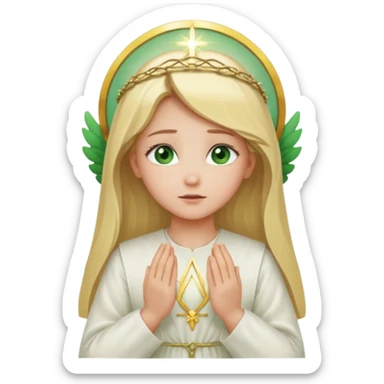 Blonde girl in white closed dress with green eyes praying. The holy halo is behind her sticker