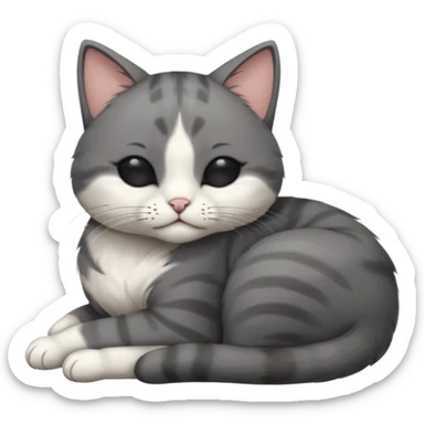 dark grey and white small cat with his eyes closed, leaning his head on his paw while leaning on his elbow lying down sticker