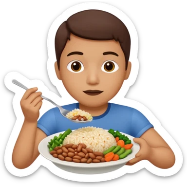 Create a person having lunch. Not a sandwich. Rice, beans, vegetables and chicken. sticker
