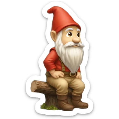 side view of gnome with light tan pants squatting on top of tiny brown log sticker
