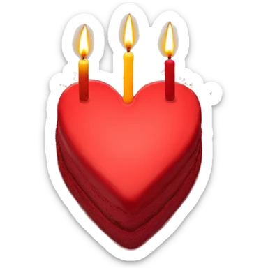 Red primarily colored heart shaped birthday cake, top view, 4 candles sticker