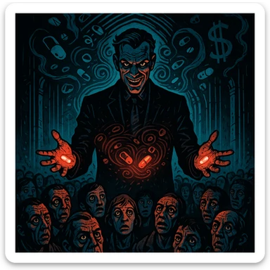 Charismatic sinister man in a suit, glowing pills in hands, hypnotizing crowd, swirling pharmaceutical symbols, dollar signs in smoke, gothic neon-lit stage, cinematic lighting, hyper-detailed, Mike Mignola meets cyber-noir. Variant 9, more focus on crowd faces. sticker