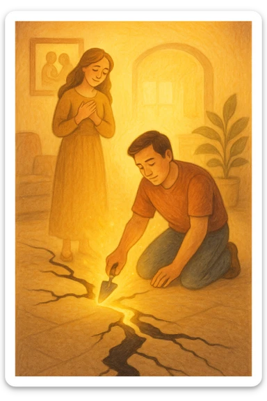Vertical format: The man symbolically repairing a crack in the floor, the woman watching him with gratitude, negative energy dissolving, harmonious family environment. sticker