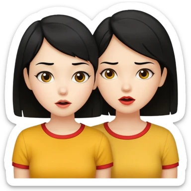 2 girls gossiping. both are fair and have black hair. One has short hair, one has long. One is wearing yellow, one is wearing red sticker