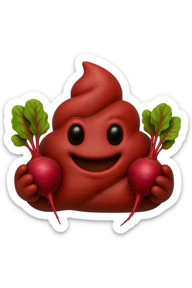 emoji stile iphone 3d di una cacca rossa con barbabietole in mano, iperrealistiche 4k sticker