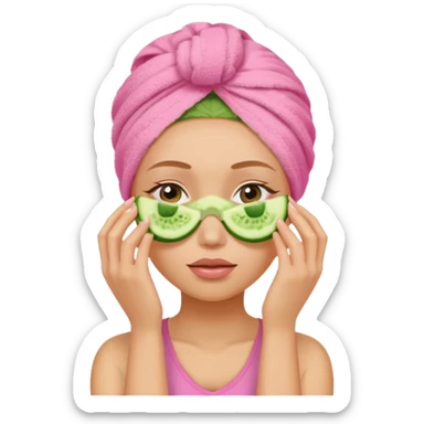 Girl with pink towel in hair cucumber slices covering eyes sticker