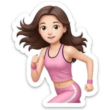 white happy brunette teen long hair with hazel eyes in light pink workout clothes jogging through finish line sticker