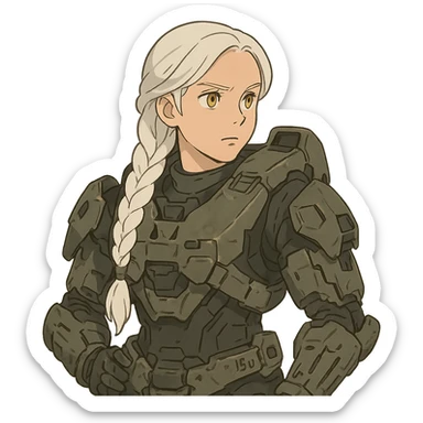 female, wearing reach spartan armor default, long white braid hair, gold yellow eyes, attention pose, halo series, no helmet sticker