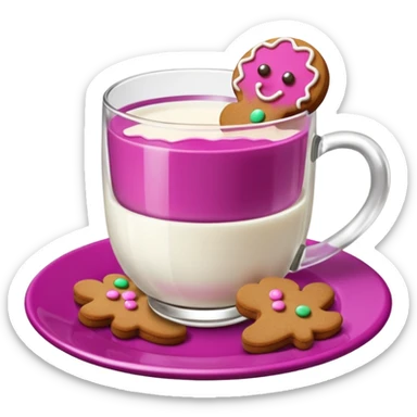 A glass of milk sits on a magenta saucer with gingerbread cookies. sticker