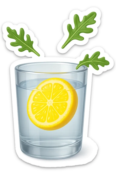 emoji stile iphone 3d di un bicchiere di acqua con limone e qualche foglia di rucola che fluttua intorno in aria, iperrealistico 4k sticker