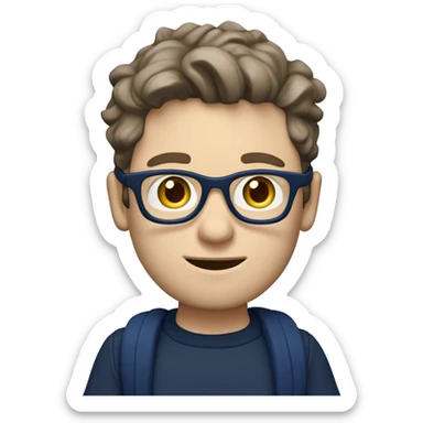 caucasian white boy with dark wavy  hair, blue glasses, and carrying design paper plan because he is an architect carrying a pencil and a set model maquette. wearing a navy blue long sleeve sweater shirt. smart.  sticker