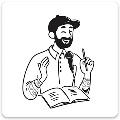 bearded songwriter in his 30s with backwards cap, enthusiastic smile, gripping microphone with one hand and pencil with other sticker